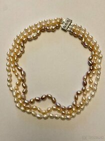 Trojfarebný 3 radový náhrdelník - pravé perly