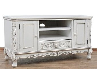 TV-stolík s rezbou-biela patina