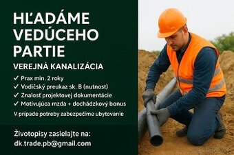 Vedúci partie – kanalizácia - od 1 300 € v ČISTOM + odmeny