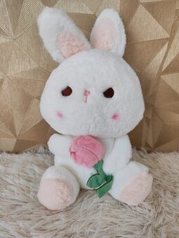Plyšová hračka, zajačik s ružičkou, bielo-ružový