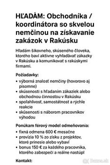 HĽADÁM: Obchodníka / koordinátora so skvelou nemčinou na zís