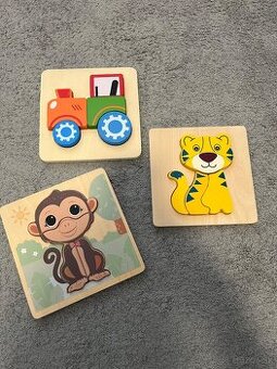 3ks drevena hracka vkladacka, skladacka, puzzle - traktor, z