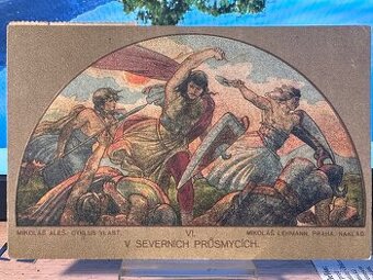 Staré pohľadnice Mikuláš Aleš, Karlsbad a Komotau – 3 ks