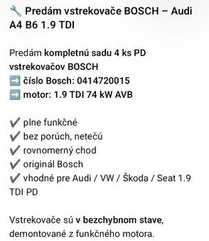 Predám strekovače Bosch 4ks PD 1.9tdi 74kw