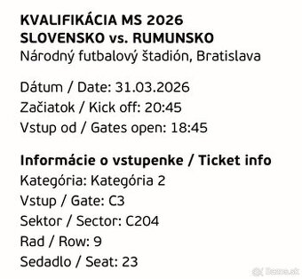 Predám 2 lístky Slovensko - Rumunsko 31.3.2026