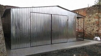 Plechová pozinkovaná garáž 6,5 × 6 m – sedlová strecha + prí