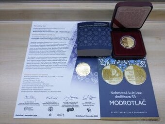 zlatá minca 100€ modrotlač, pamätný list