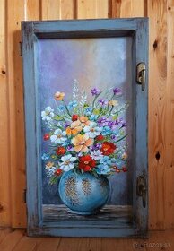 Obraz v starom okne Váza s kvetmi