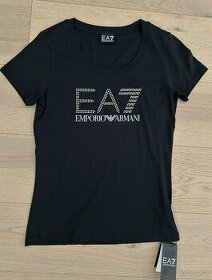 Emporio Armani tričko M čierne s logom a kamienkami