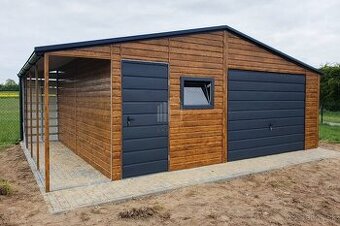 Plechová garáž s prístreškom, imitácia dreva, výklopná brána