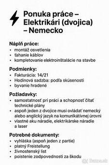 Hľadám 2 elektrikárov – Nemecko