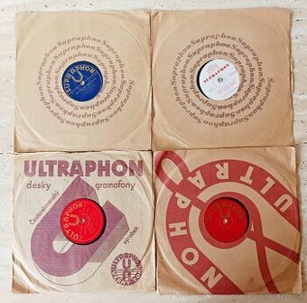 Čtyři staré šelakové gramodesky v obalech, 78 ot./min.