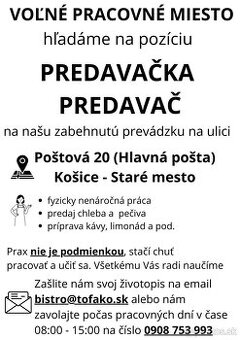 Predavačka/Predavač, Čašník/Čašníčka  - Košice