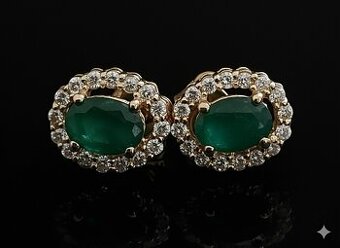 LUXUSNÍ 14 KARÁTOVÉ ZLATÉ DIAMANTOVÉ NÁUŠNICE SE SMARAGDY 