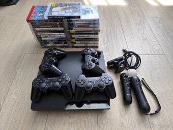 PS3 slim, 4 klasické + 2 move ovládače + kamera +25 hier