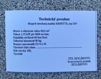 Kartička na prihlásenie Babetta 210