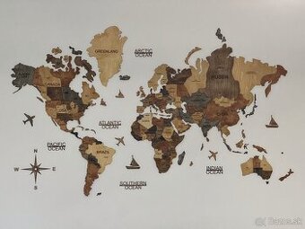 3D Drevená mapa sveta na stenu