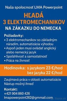 HĽADÁME ELEKTROMECHANIKOV NA ZÁKAZKU DO NEMECKA