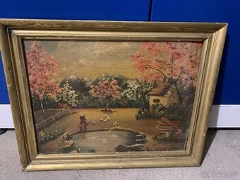 Starý ručne maľovaný obraz s rámom