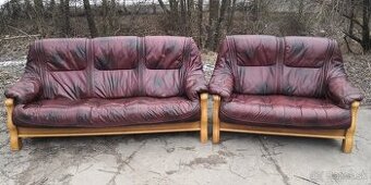 Kožená sedacia súprava 3+2 s masívnym drevom