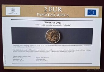 Alexander Dubček pamätná 2eurová minca rok 2021.