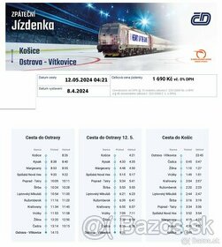 Predám 2 spiatočné lístky na vlak Košice - Ostrava - 12.5.
