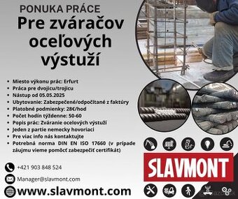 Ponúkam prácu pre zváračov betonárskych výstuží