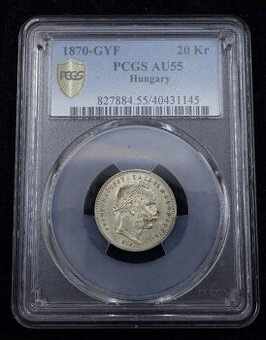 Vzácny uhorský 20 Krajczar-Krejcar-1870 GYF, certifikácia AU