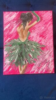 obraz baletka v zelenom na rúžovom originál akrylový 30x40cm