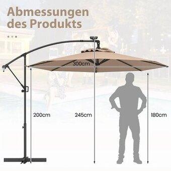 300 cm slnečník s 32 solárnymi LED svetlami a kľuko