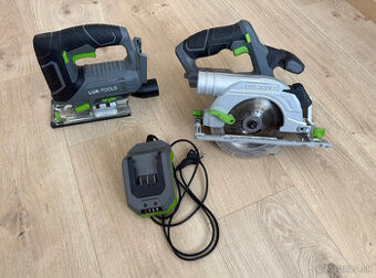 AKU ručná kotúčová píla a AKU priamočiara píla, nabíjačka -