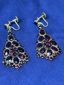 strieborné náušnice Český granát -pozlatene