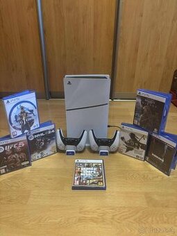 Playstation 5 Slim - mechanika + 7 hier, 2x herný ovládač