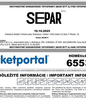 2ks - SEPAR štadion vstupenky - sektor C203 - tehelne pole