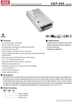HEP-600-12 MEAN WELL- Napájací zdroj spínaný 12V 480W  40A