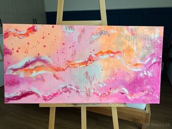 Abstraktný obraz „Coral Horizon“ – akryl na plátne, 100×40 c