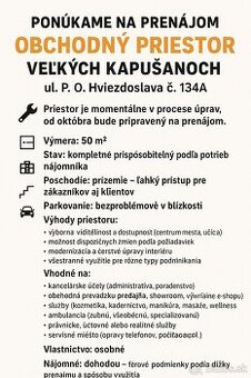 KANCELÁRSKY PRIESTOR NA PRENÁJOM – TOP LOKALITA VEĽKÉ KAPUŠA