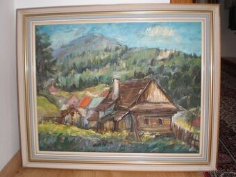 Moderná olejová maľba drevenice, slovenskej dediny