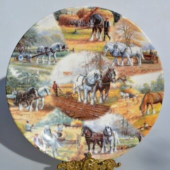 Veľký porcelánový tanier - Kone a ich pomoc pri poľných prác