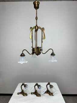 Secesný trojramenný luster + 3ks nástenné lampy opálové iriz