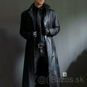 luxusný čierny dlhý kožený kabát - veľkosť XL