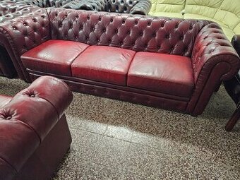 CHESTERFIELD ŠTÝL,BORDOVOČERVENÁ KOŽENÁ SEDAČKA  3+1+1