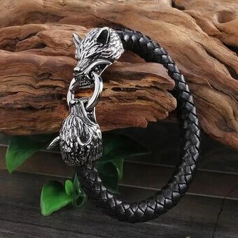 Viking Wolf Head kožený náramok