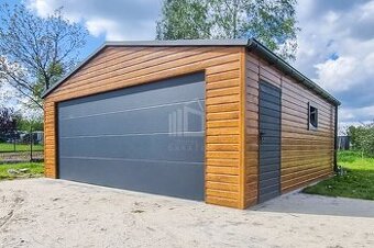Plechová garáž so sekčnou bránou, imitácia dreva