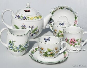 Nádherná bylinková porcelánová sada, . čajník + trojset +