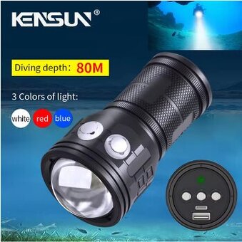Výkonná podvodná LED baterka,vodotesná IPX-8,80m,Red,Blue,Wh