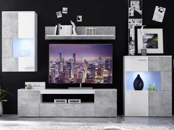 Obývacia stena,obyvačková zostava- sivo biela LED