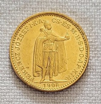 Zlatá uhorská 20 koruna FJI, 1908 kb, lepší ročník