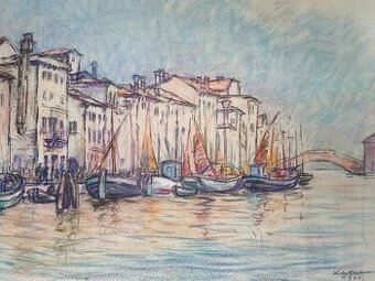 Pastel: Profesor Leo Adler (1897-1987) Prístav Taliansko