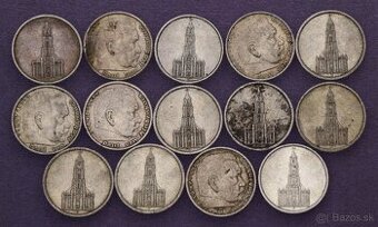 Sada 14 strieborných 5markových mincí - Hindenburg a kostol